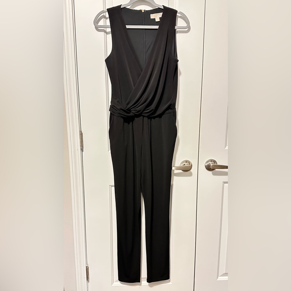 Michael Kors Black Draped V-neck slim Leg Jumpsuit Sleeveless with pocke…